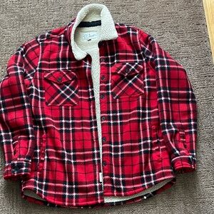 Red Plaid Sherpa-Lined Button-Up flannel Jacket